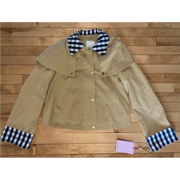 NEW! NWT AVEC LES FILLES Gingham Trim Cotton Cape Jacket in Khaki Size XS - Picture 5 of 7